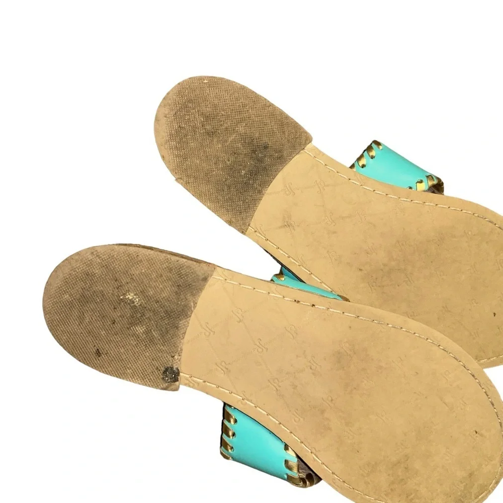 Jack Rogers turquoise /Gold Stitching thong sandals Embroidered pineapples 8